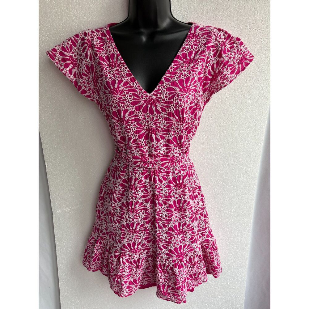 LOFT Magenta Pink Embroidered 100% Cotton Dress Fit n Flare Size 6 Belted Girly